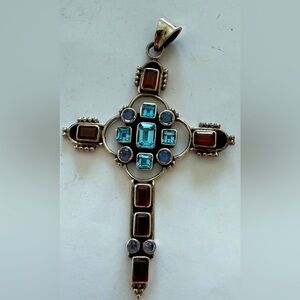 Vintage NICKY BUTLER Sterling Topaz Garnet & Moonstone Cross Pendant